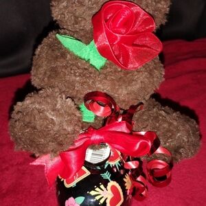 Brown Teddy Bear with Red Rose and Ribbon
